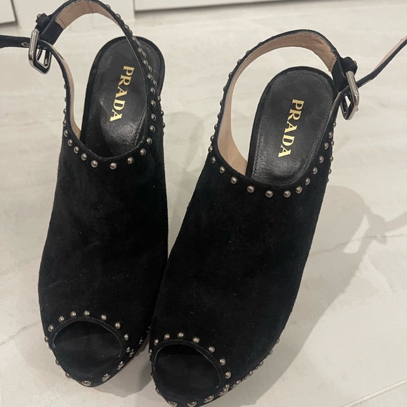Prada Black Suede Peep-Toe Heels with Silver Studs - Picture 1 of 9